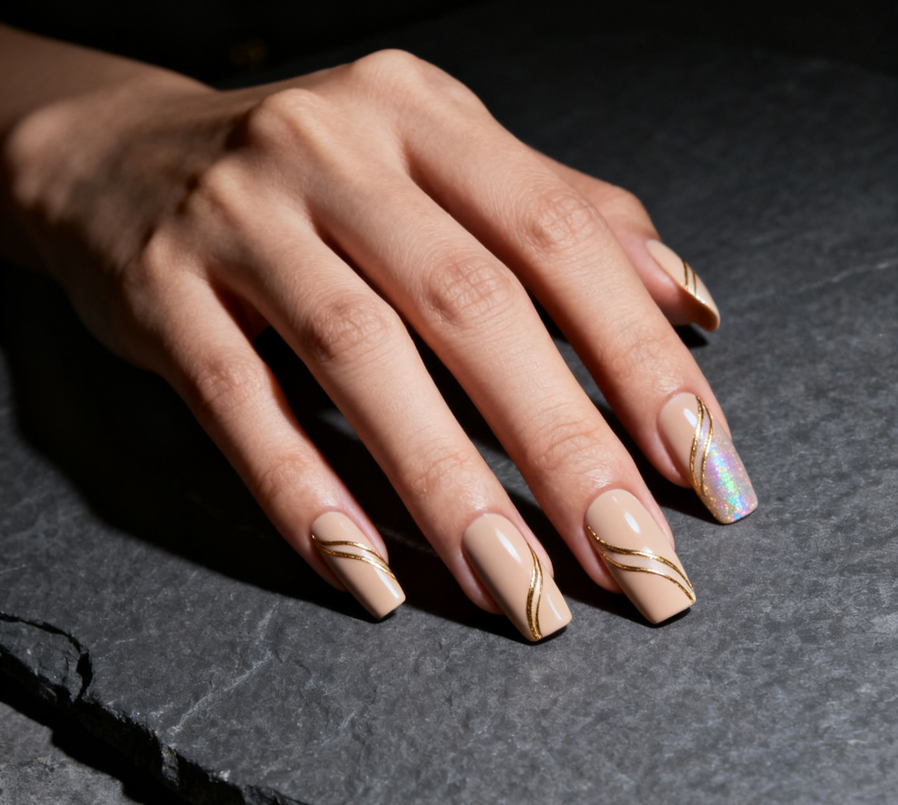Hand with beige nail polish featuring gold leaf design on a dark surface